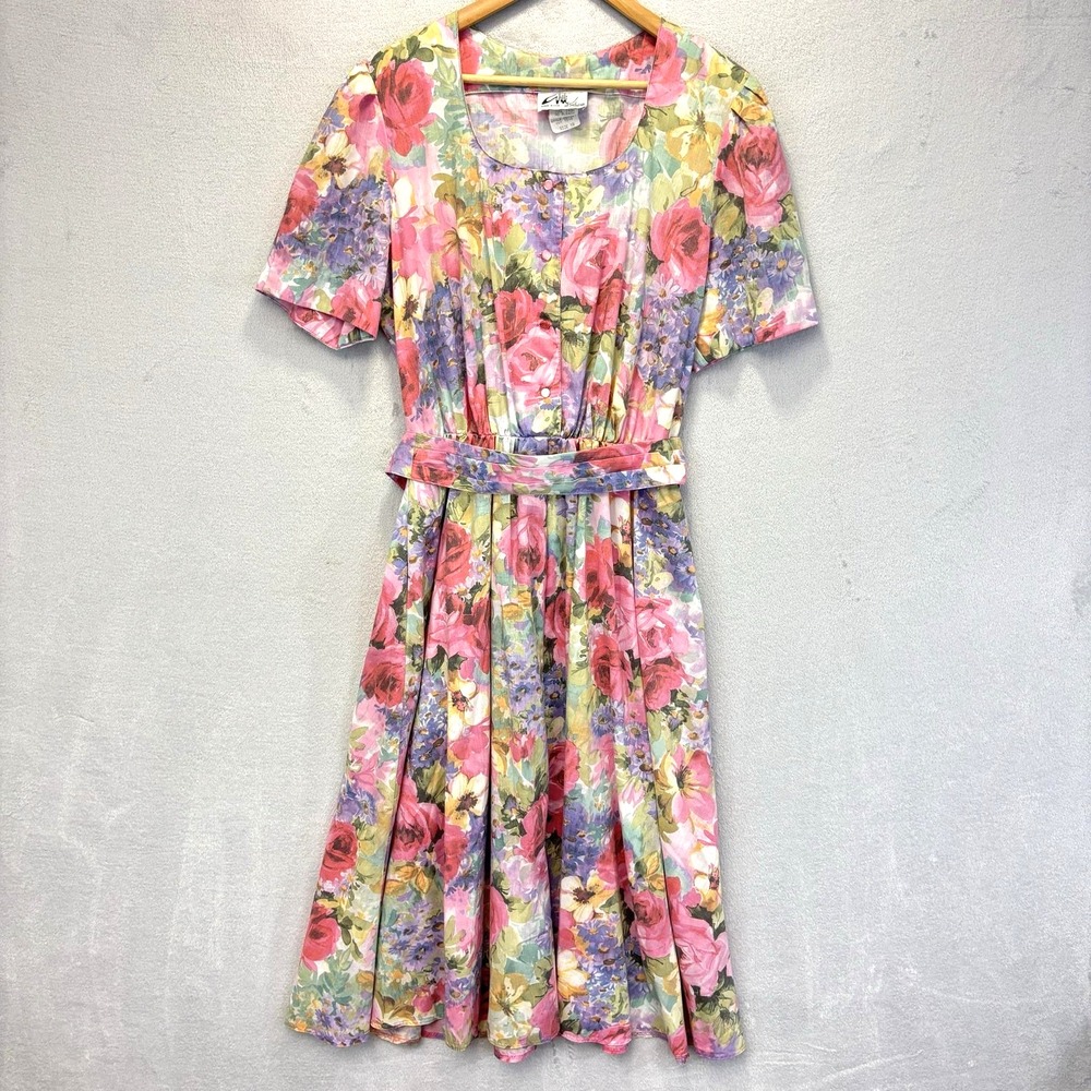 Vintage 80s Willi Of California Floral Dress Womens 18 Pink Midi Secretary USA